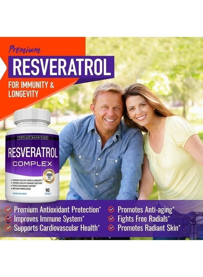 Toplux Resveratrol Supplement 1800 mg Antioxidant Complex - Highly Potent Natural Trans-Resveratrol Pills for Healthy Aging, Overall Health Support, Immune System, Brain Function, for Men Women, 90 Capsules - Image 2